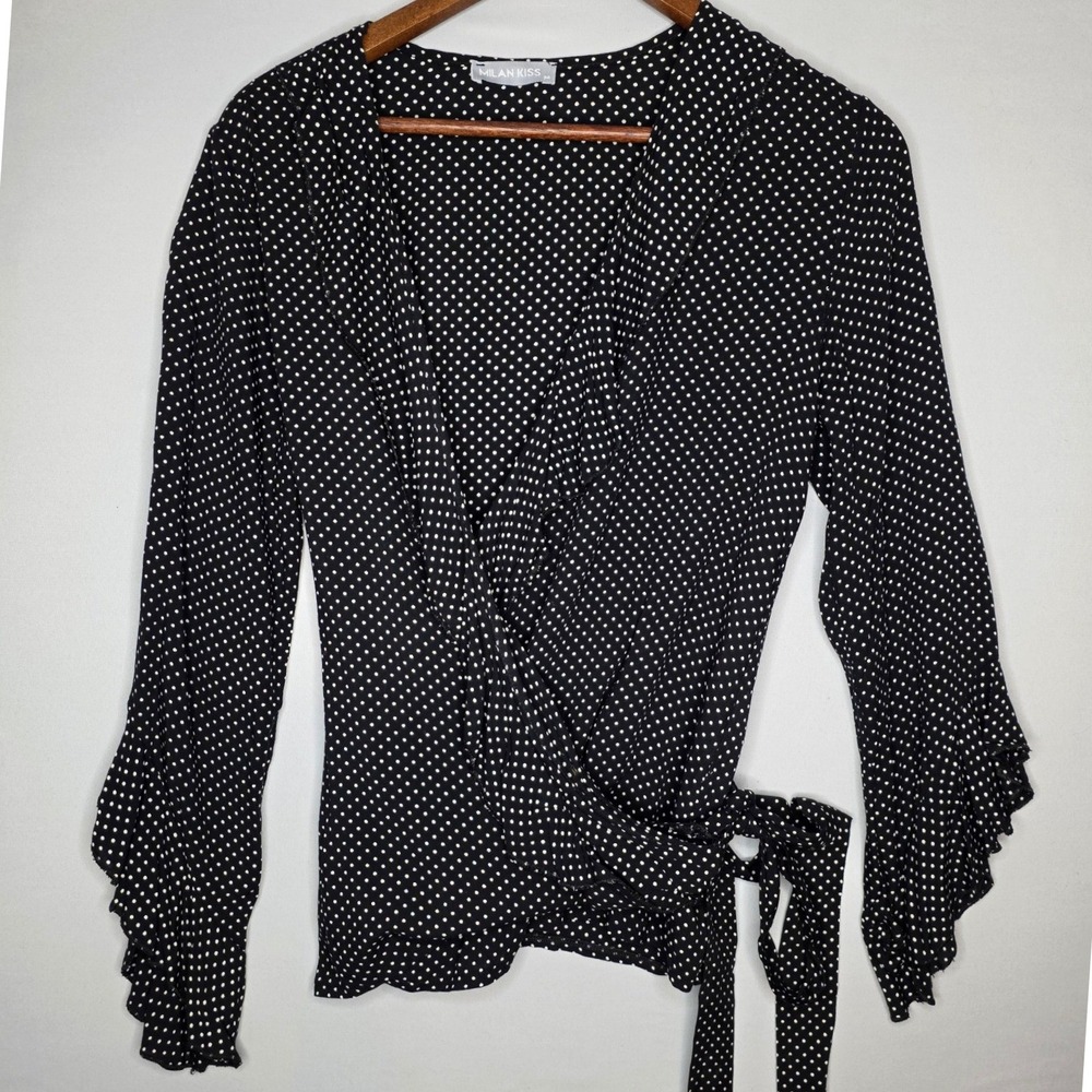 Milan Kiss‎ Wrap Top Women M Black Polka Dot Ruffle Bell Sleeve Blouse